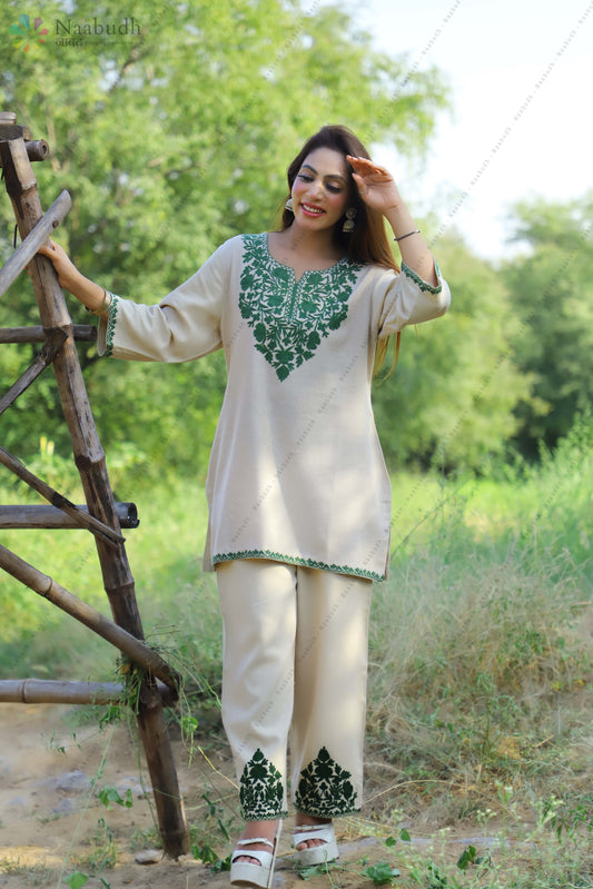 Winter Wear Woolen Short Khaki Kashmiri Kurti Coodset With Green Embroidery