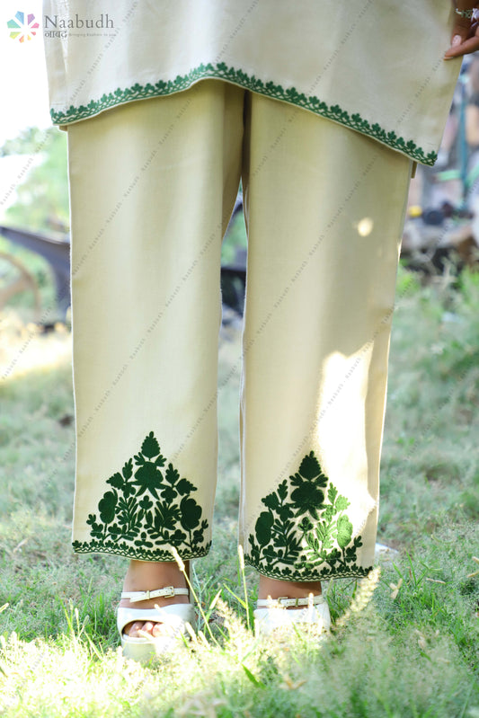 Winter Wear Woolen Short Khaki Kashmiri Kurti Coodset With Green Embroidery