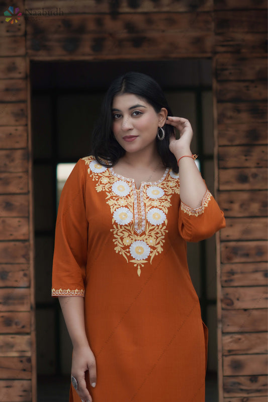 Winter Wear Rust Orange Long Kashmiri Kurti Co-Ord Set With Multi Colored Embroidery