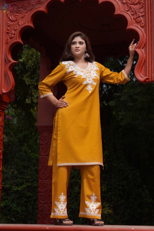 Winter Wear Long Mustard Kashmiri Kurti Coodset With White Co-Ord Set Embroidery