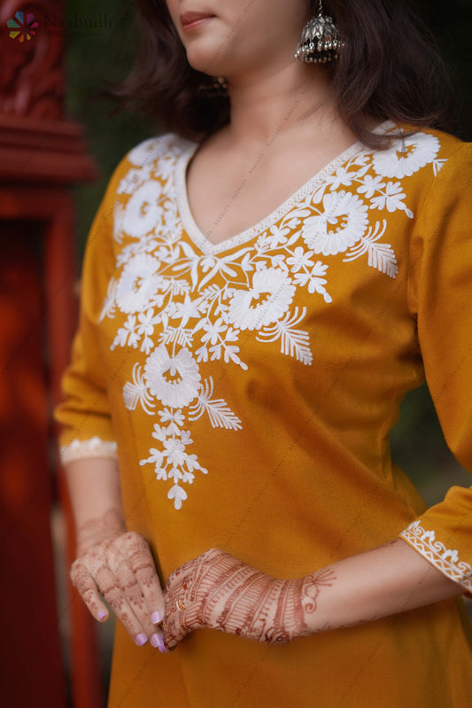 Winter Wear Long Mustard Kashmiri Kurti Coodset With White Co-Ord Set Embroidery