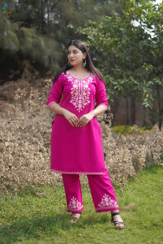 Winter Wear Pink Long Kashmiri Kurti Co-Ord Set With White and light Pink Colored Embroidery