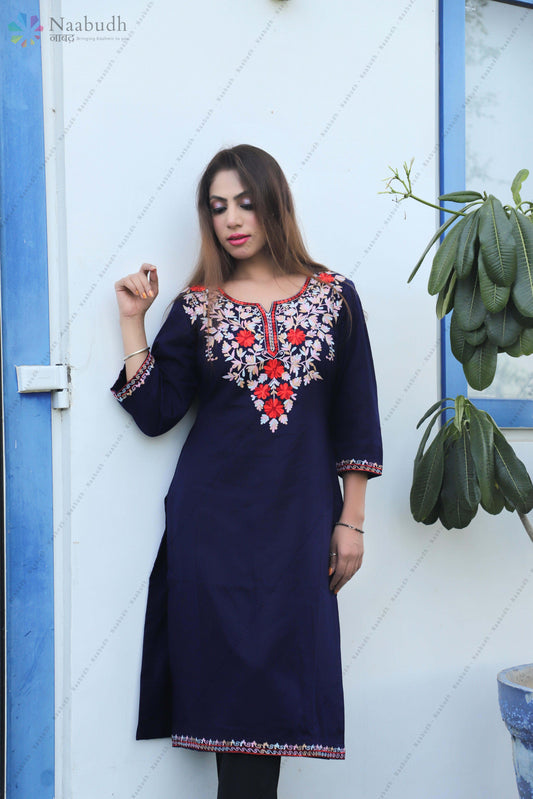 Winter Wear Long Blue Kashmiri Kurti With Multi Colored Embroidery